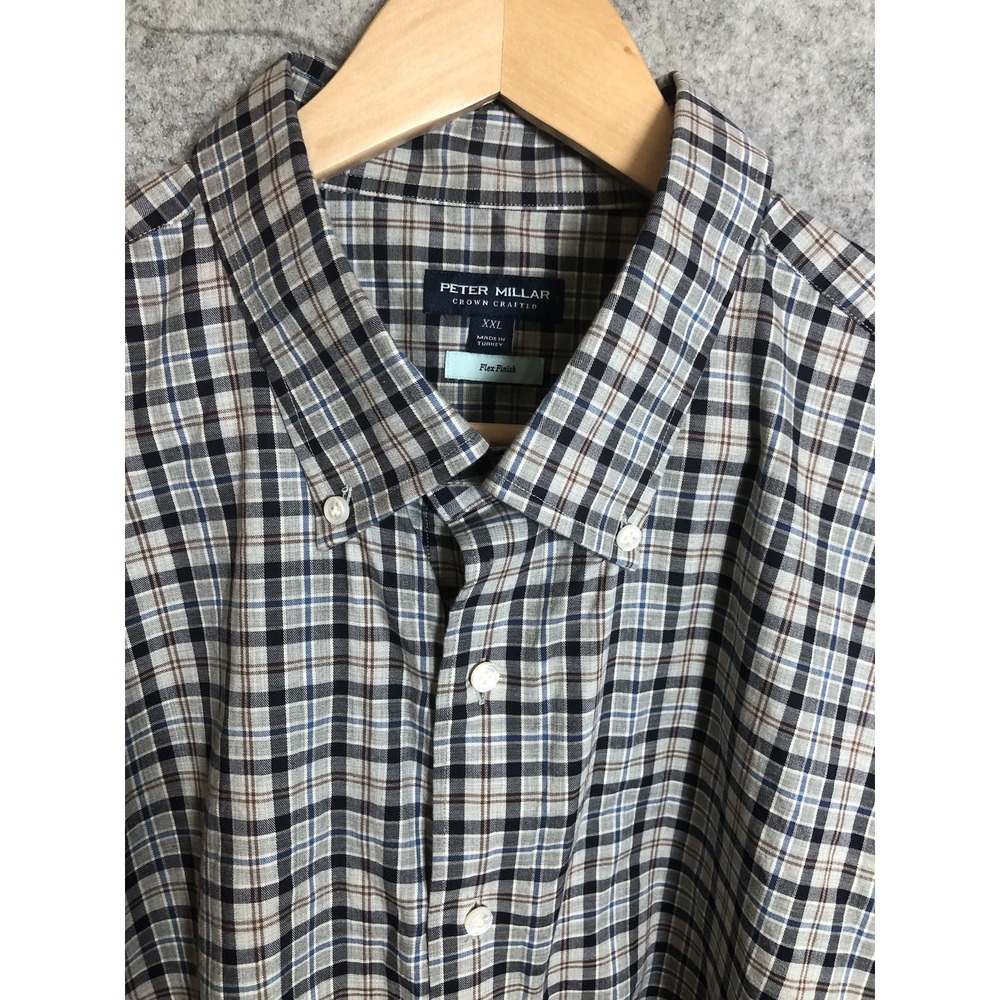 Peter Millar Shirt Mens 2XL Blue Plaid Crown Crafted Flex Finish Career Casual‎